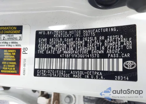2016 Toyota Camry Xse z USA, uszkodzony, nr VIN 4T1BF1FK3GU141570